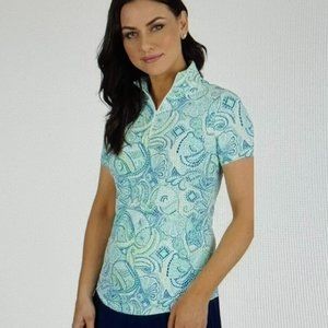IBKUL Mariel Zip Mock Neck Shirt Blue Multi NWT Golf Short Sleeve New with Tags